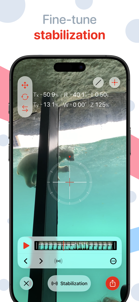 Interface of Emulsio 5 app showing fine-tune stabilization controls over a video clip.