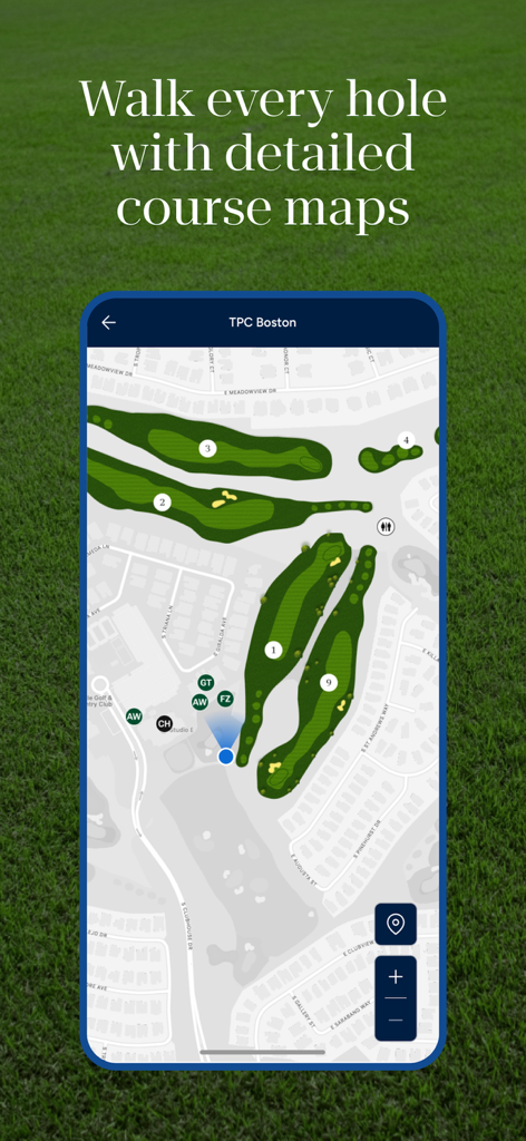 TPC Boston의 상세한 골프 코스 맵을 표시하는 공식 LPGA 앱