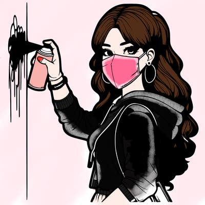 realistic girl with mask spray painting a wall