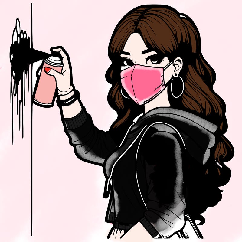 realistic girl with mask spray painting a wall