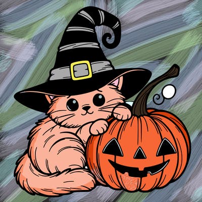 a cat with a witch's hat curled around a pumpkin