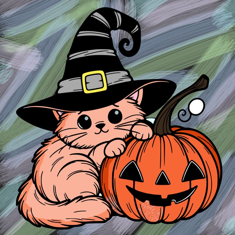 a cat with a witch's hat curled around a pumpkin