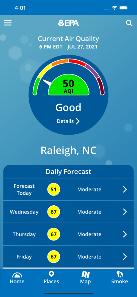 EPA AIRNow - La interfaz de la aplicación EPA AIRNow muestra un índice de calidad del aire actual de 50 para Raleigh y un pronóstico diario de cuatro días.
