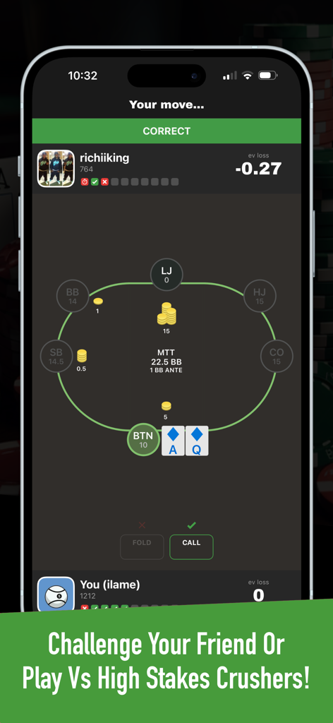 GTO Battle+ : Poker Puzzles! - Un desafío de acertijo de estrategia de póker cara a cara en la aplicación móvil GTO Battle+ mostrando un escenario de mano de MTT.