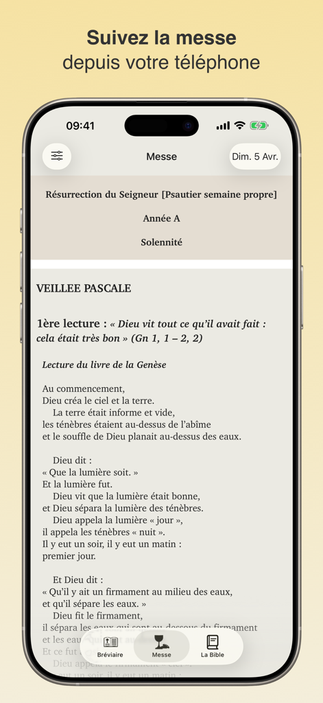Captura de pantalla de la aplicación Liturgie AELF mostrando una lectura de la misa del Génesis en francés