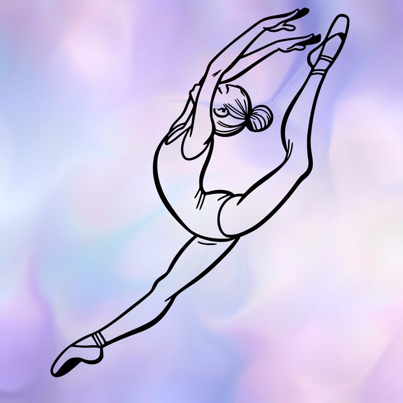 gymnast doing a leap in a leotard with a bent back leg