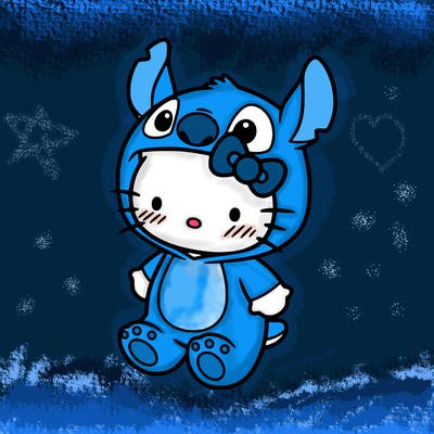 little cute hello kitty, blushing with little stitch costume
