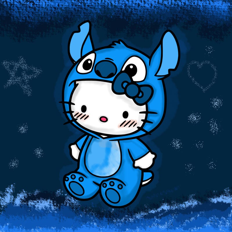 little cute hello kitty, blushing with little stitch costume