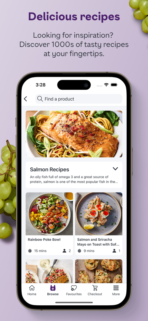 A smartphone display showing the Ocado app recipe section with photos of salmon dishes and a poke bowl