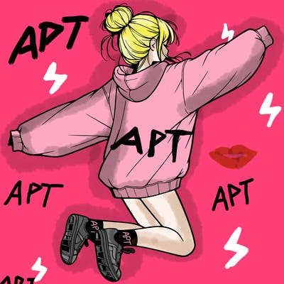 realistic girl jumping with a bun and oversized sweatshirt