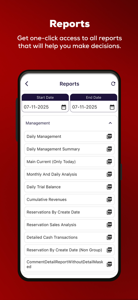 Smartphone screen showing the hotel management reports section in the Elektra Manager app