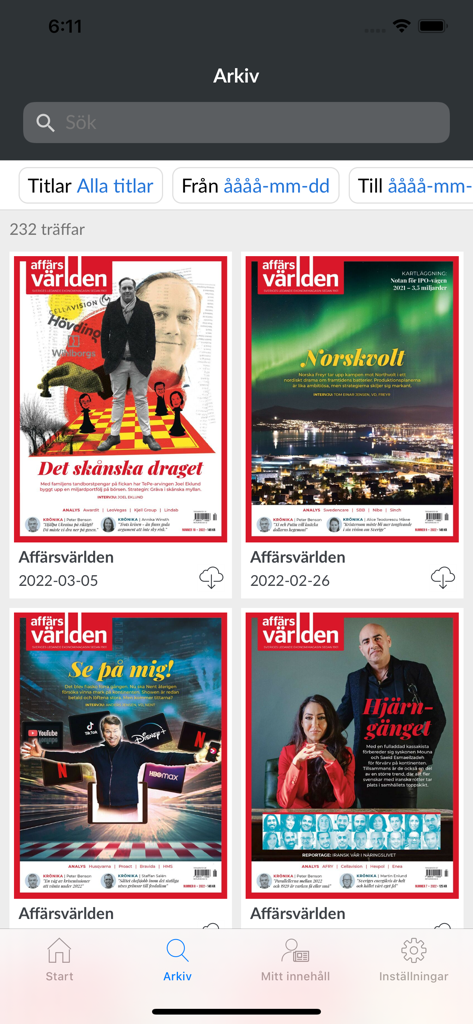 Affärsvärlden AFV - Affarsvarlden mobile app archive screen showing a collection of business magazine covers and search options.