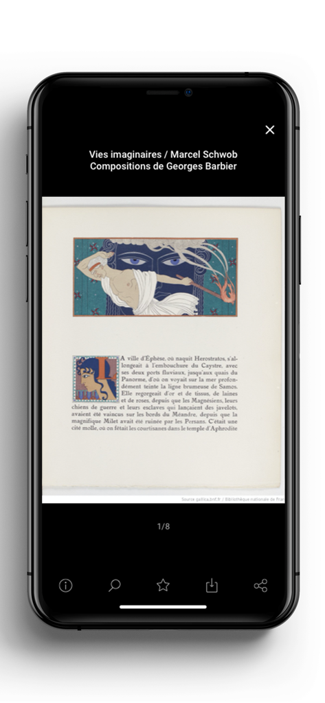 Gallica - Gallica app displaying a digitized page of Vies imaginaires by Marcel Schwob with artistic illustrations