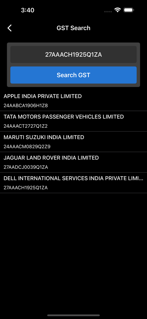 Gst Calculator - Tax Clac - MwSt.-Suchoberfläche, die Firmennamen und Identifikationsnummern anzeigt.