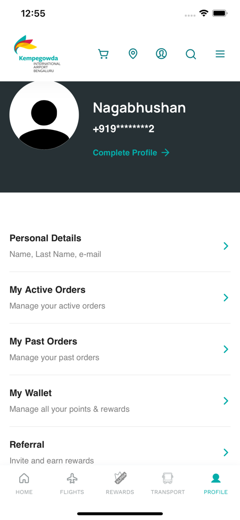 BLR Airport - User profile screen in the BLR Airport app showing personal details and order management