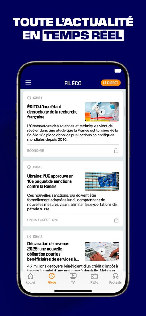 BFM Business: news éco, bourse - Interfaz de la aplicación BFM Business mostrando un feed de noticias económicas en tiempo real con artículos en francés.