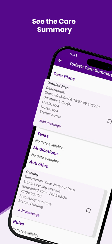 My Virtual Carer - Care App - A screenshot of the My Virtual Carer app showing Today's Care Summary including care plans and a cycling activity