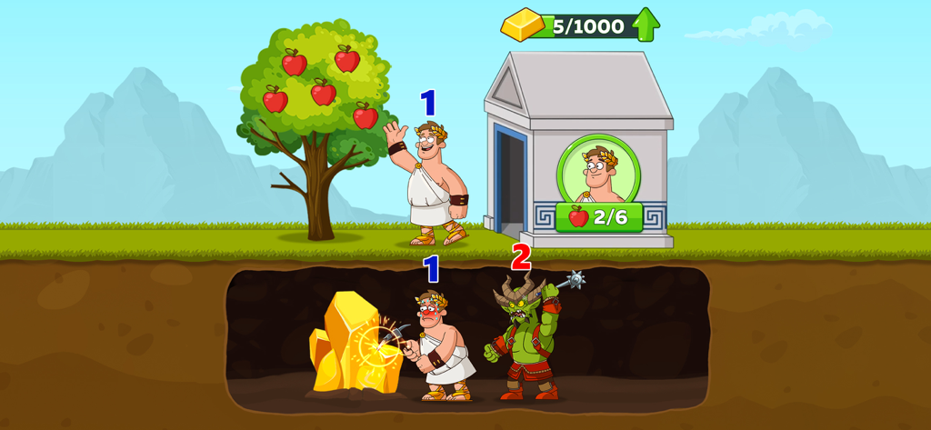 Hustle Castle・Medieval Kingdom - A cartoon character mining gold and another gathering apples in a castle management simulation