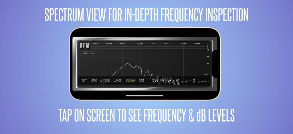 BFM - Metering Suite - Analyseur de spectre de fréquences BFM Metering Suite sur un écran de smartphone affichant les niveaux audio et les fréquences