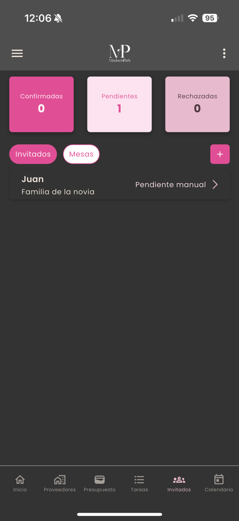 Madison Park - Interface do aplicativo Madison Park para gerenciar o status da lista de convidados do casamento e os mapas de assentos