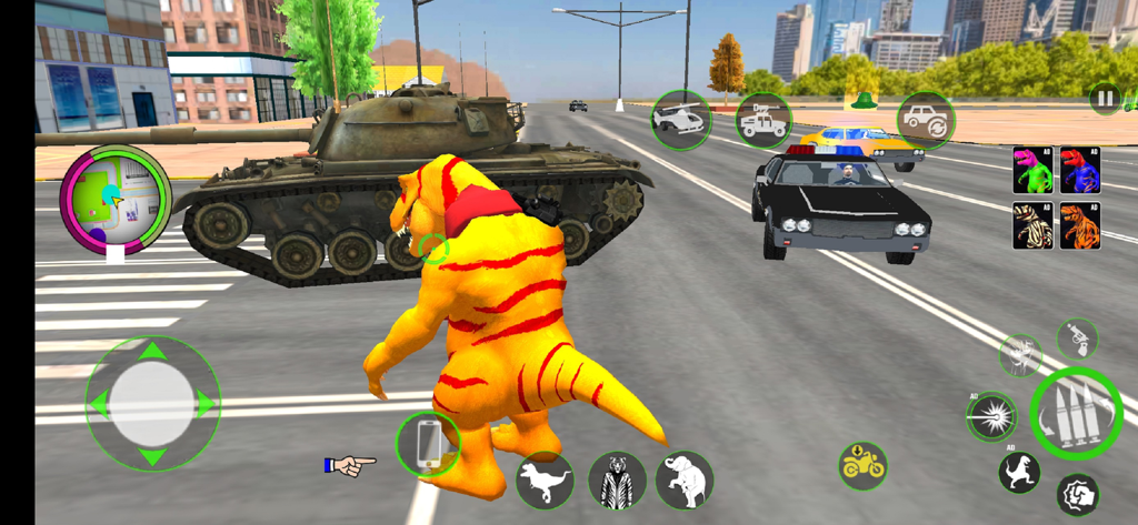 Animal City Rampage Games - Un personaje dinosaurio amarillo de pie junto a un tanque militar en una calle de la ciudad