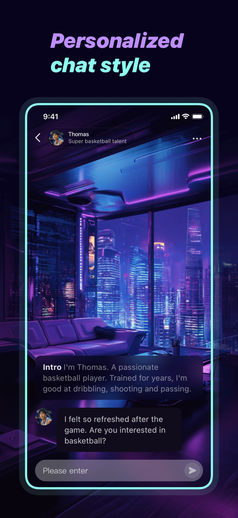 TanStar - Una captura de pantalla de la aplicación TanStar que muestra una interfaz de chat personalizada con un personaje de IA llamado Thomas en una habitación de neón futurista.