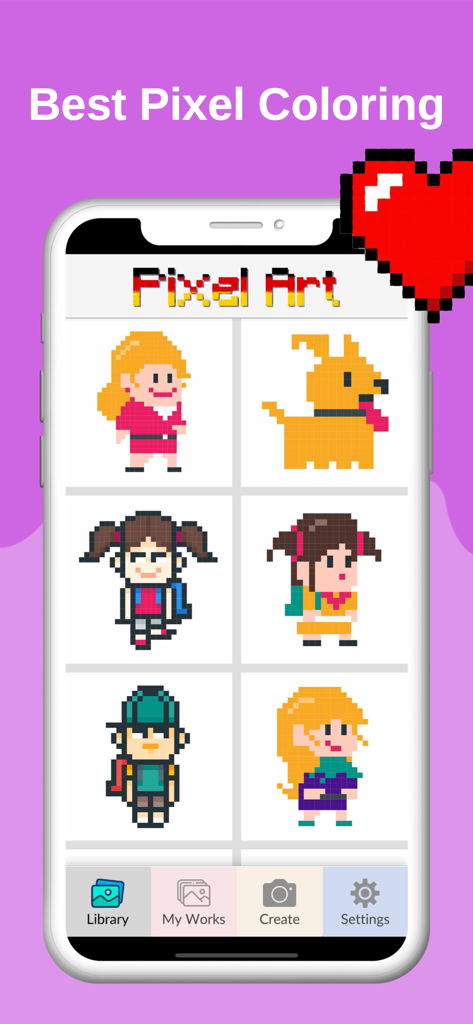 Sprite : Pixel Art Creator - Pantalla de la biblioteca de la aplicación Sprite Pixel Art Creator que muestra varios personajes pixelados como un perro y personas
