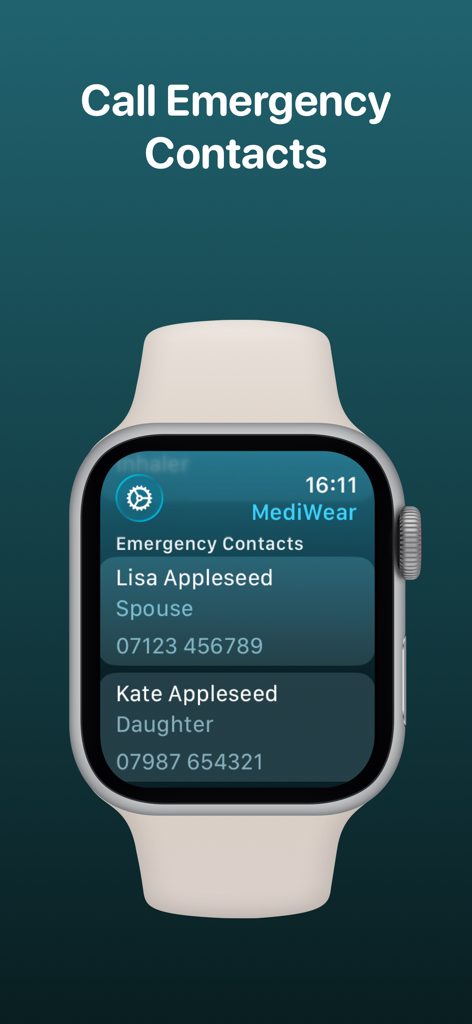 MediWear: Medical ID for Watch - Apple Watch affichant les contacts d'urgence dans l'application MediWear