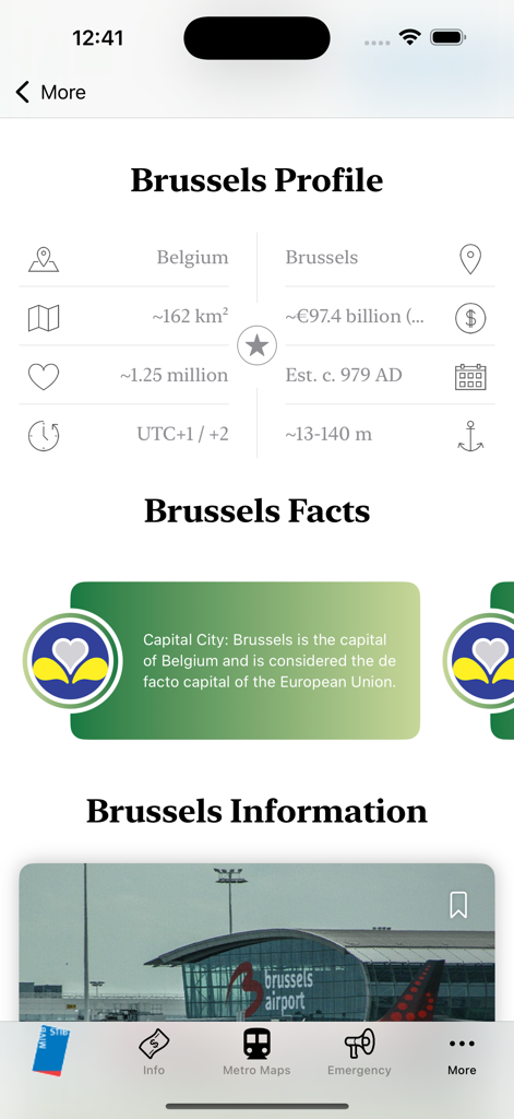브뤼셀 시에 대한 일반 정보 및 사실을 보여주는 앱 화면