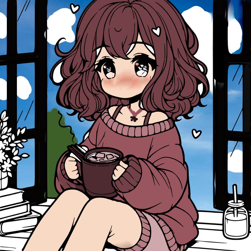 cute anime girl reading book and drinking hot chocolate from mug with loose wavy hair wearing a baggy sweatshirt and shorts sitting by windowsill looking out