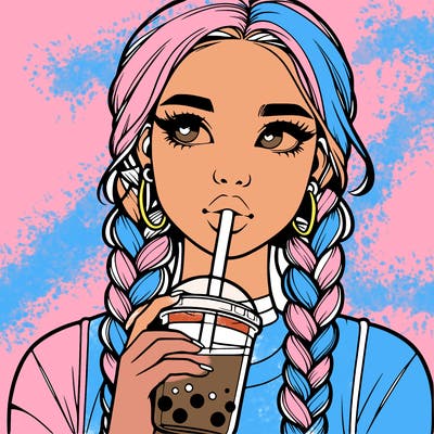 realistic girl with braided hair drinking boba