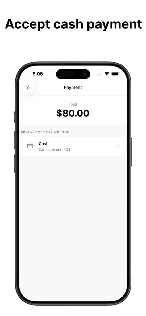 Take App mobile interface showing the option to accept cash payments for small business orders.