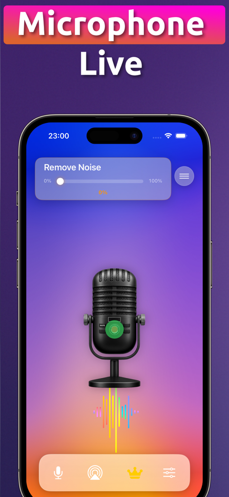 Microphone app Bluetooth Live - MicBT app interface with a professional microphone icon and a noise reduction adjustment slider.