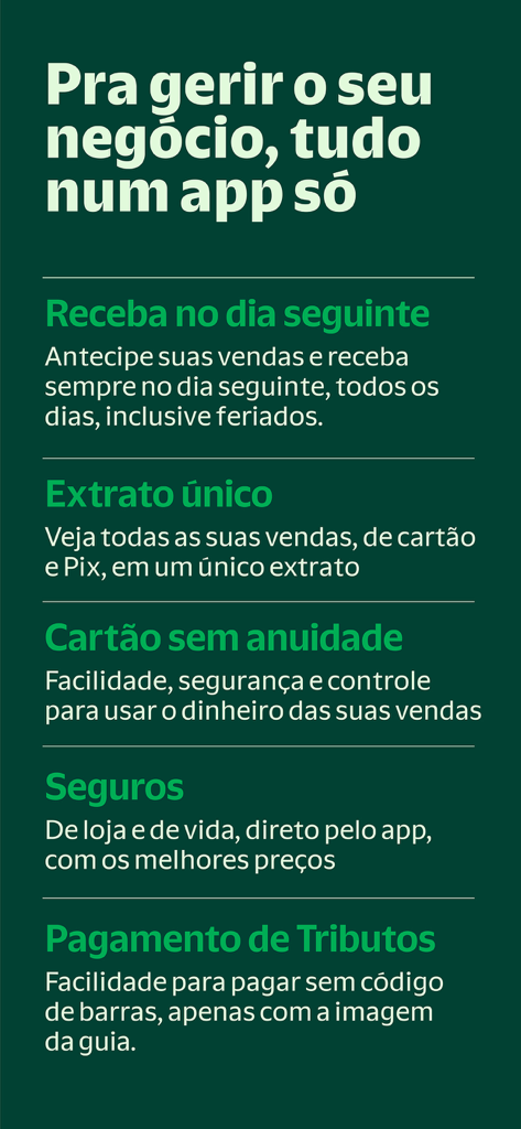A list of business management features for the Stone app including next-day payments and unified sales statements.