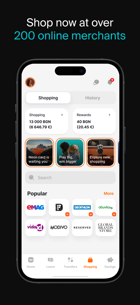 tbi bank - tbi bank mobile app shopping interface showing over 200 online merchants and reward balances