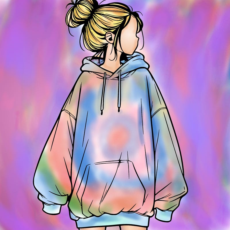 realistic girl with a oversized sweatshirt on and a bun