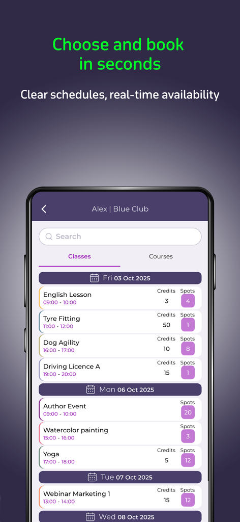 BookyWay App-Oberfläche, die eine Liste verschiedener Kurse und Aktivitäten mit Buchungsdetails anzeigt