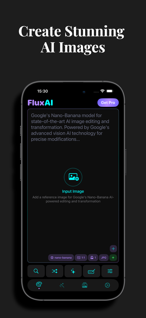 FluxCat - AI Image Generator - Interface of the FluxCat AI image generator app on an iPhone showing options to create stunning AI images