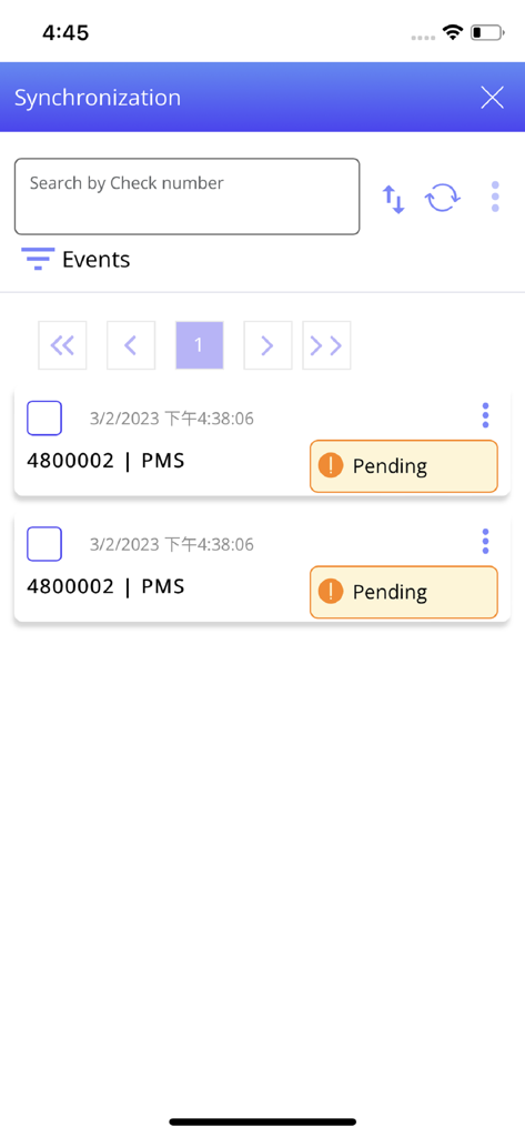 InfoGenesis POS Terminal synchronization screen showing a list of pending transactions