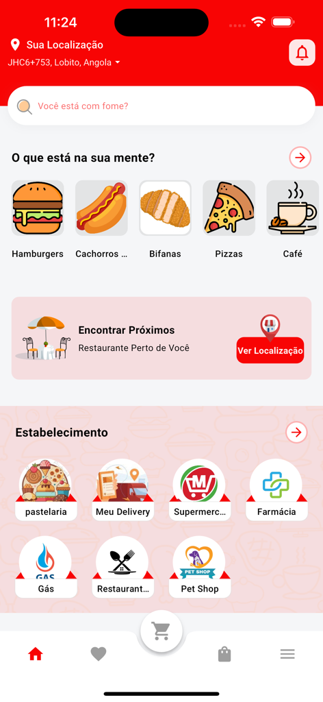 Entregas no Cubico - Entregas no Cubico app home screen showing icons for food pharmacy gas and pet shop delivery