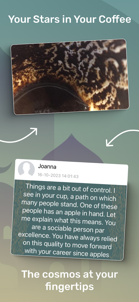 Screenshot of the Coffee and Beyond app showing a coffee cup reading and interpretation from a user