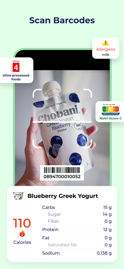 DietBuddy - AI Food Tracker - A person uses the DietBuddy app to scan a yogurt barcode for instant nutritional and allergen information