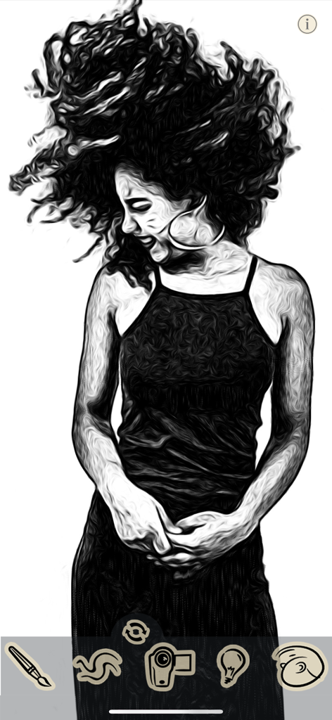 ToonCamera - Portrait of a woman with an ink sketch cartoon effect in the ToonCamera app