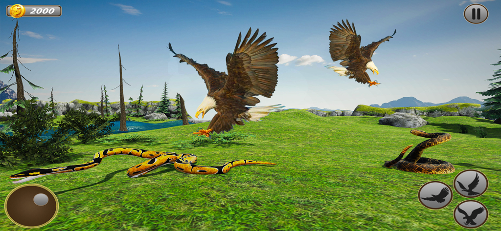Eagle Simulator - Eagle Games - Two bald eagles flying towards snakes in a 3D environment in Eagle Simulator
