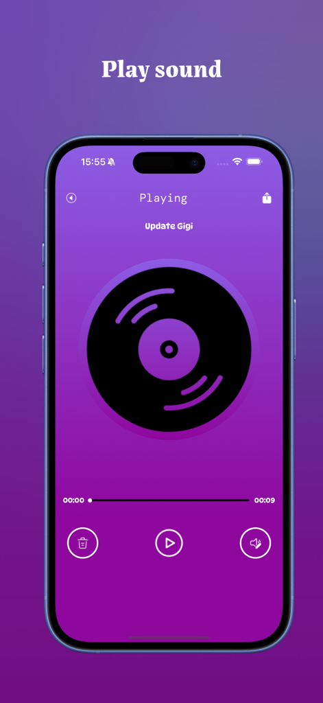 Doheto: Audio Editor - Pantalla de reproducción de Doheto Audio Editor con un icono de disco de vinilo y controles de sonido.