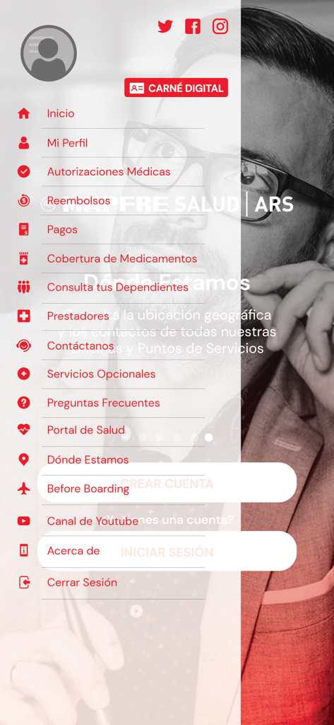MAPFRE Salud ARS - Side navigation menu of the MAPFRE Salud ARS mobile app showing insurance service options