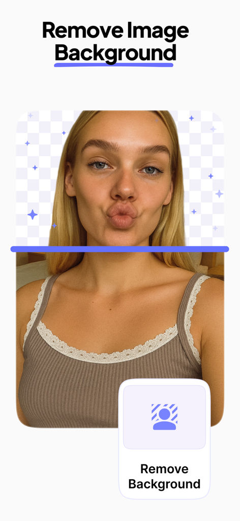 Screenshot of the PhotoBase app showing the AI background removal feature on a portrait image