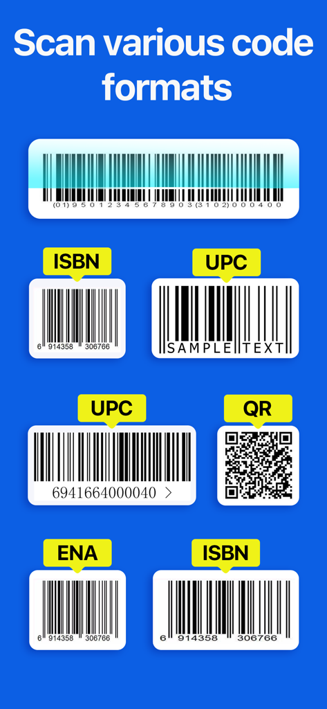 QR Code Reader - No Ads - Un écran bleu illustrant différents formats de scan comme les codes ISBN, UPC, QR et ENA.
