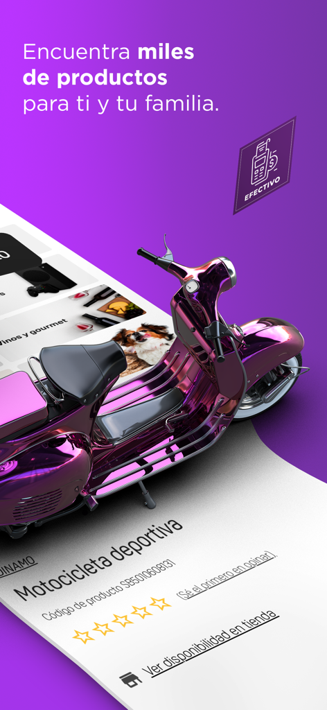 Suburbia app screen featuring a purple motorcycle and product availability information