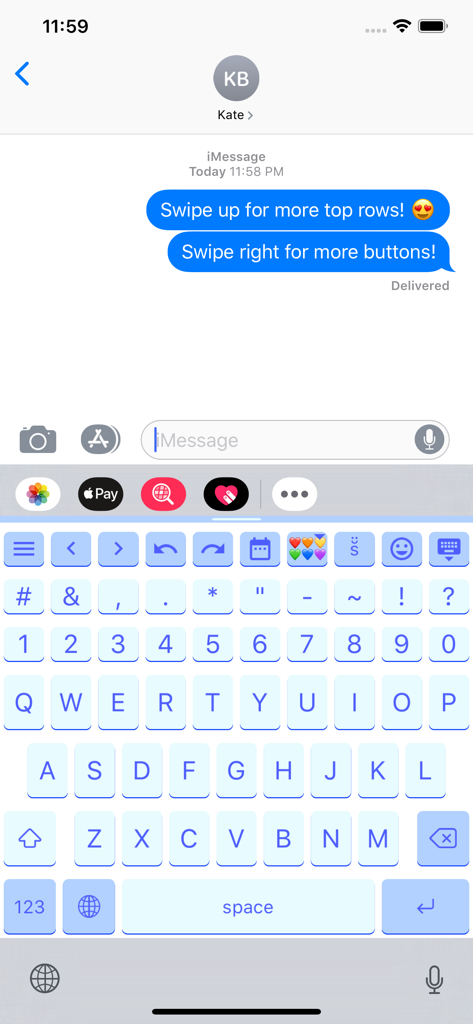 Slyder - Teclado iOS personalizado Slyder mostrando linhas extras de botões utilitários em um chat do iMessage.